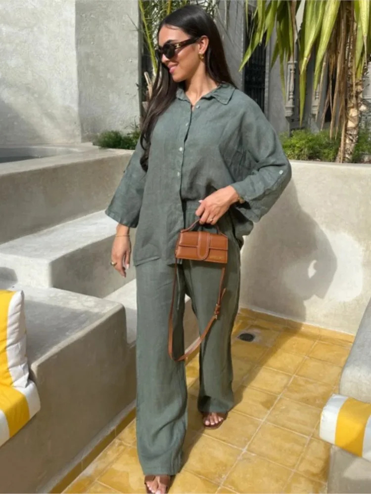 Womens Suit Solid Cotton Linen Two Piece Set Spring Summer Fashion Button Shirt Pants Sets Casual Loose Style 2 Piece Outfit 260304