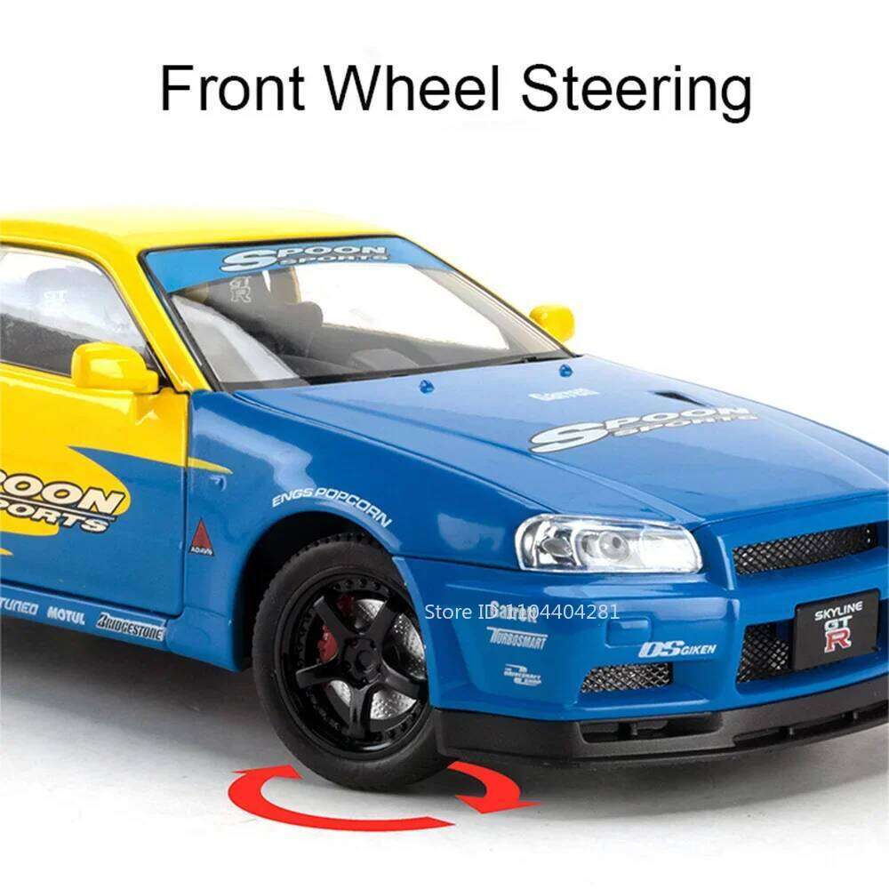 1:24 SKYLINE GTR R34 Alloy Sports Car Toys Model Diecast Cars Front Wheel Steering Sound Light Pull Back Vehices Adult Kids Gift Z260307