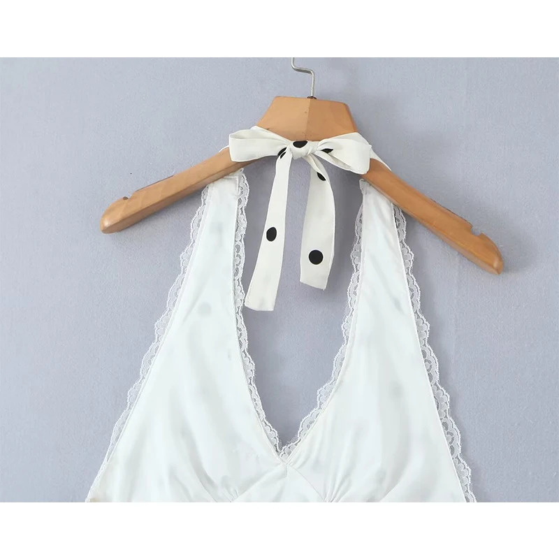 YENKYE Lace Spliced Polka Dot Halter Dress Women Elegant A-line Mini Sexy Backless Dresses Summer Robe 260306