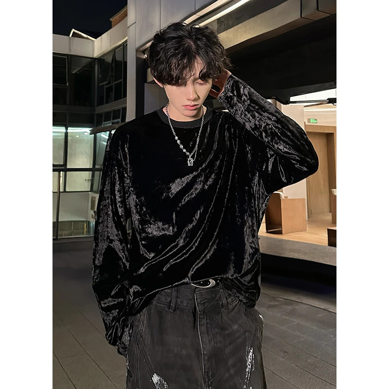 men vintage velvet long sleeve t shirt Crew neck hip hop casual tees tops man autumn harajuku velour streetwear camisetas 260302