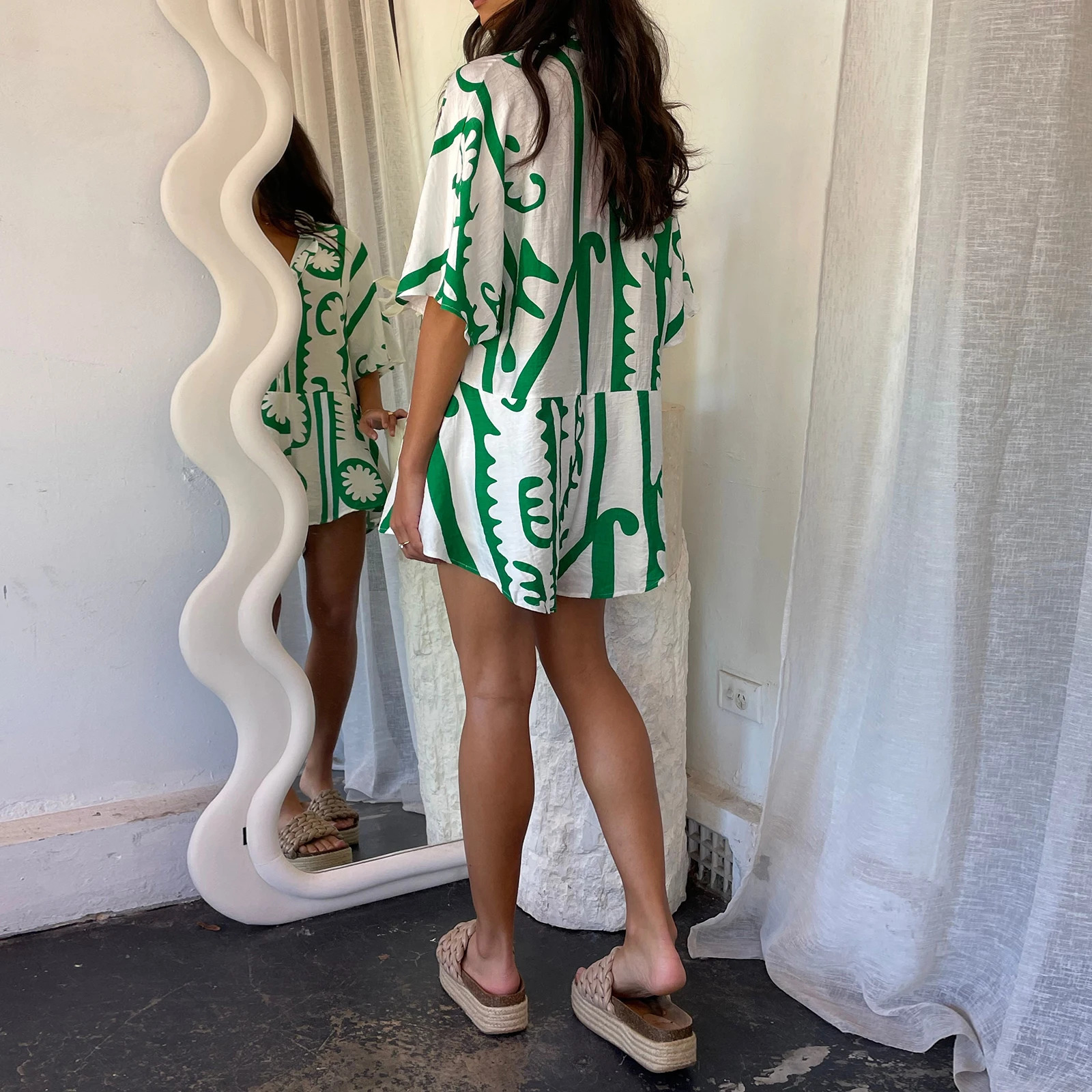 Hirigin Women Graphic Shorts Romper Short Sleeve Buttons Jumpsuit Boho Floral Loose Fit Belted Playsuit Summer Beachwear 260306