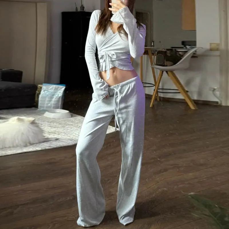 Women Fashion Lounge Set Vintage 2 Piece Outfit V Neck Waist Tie Tshirt Elastic Pants Autumn Long Sleeve Crop Tops 260306