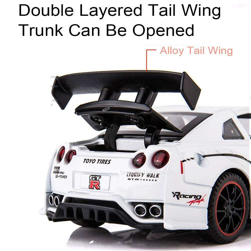 1:32 GTR R35 R34 Alloy Models Toys Diecast Miniature Cars 4 Doors Opened Sound Light Pull Back Vehices Adult Collecting Hobbies Z260306