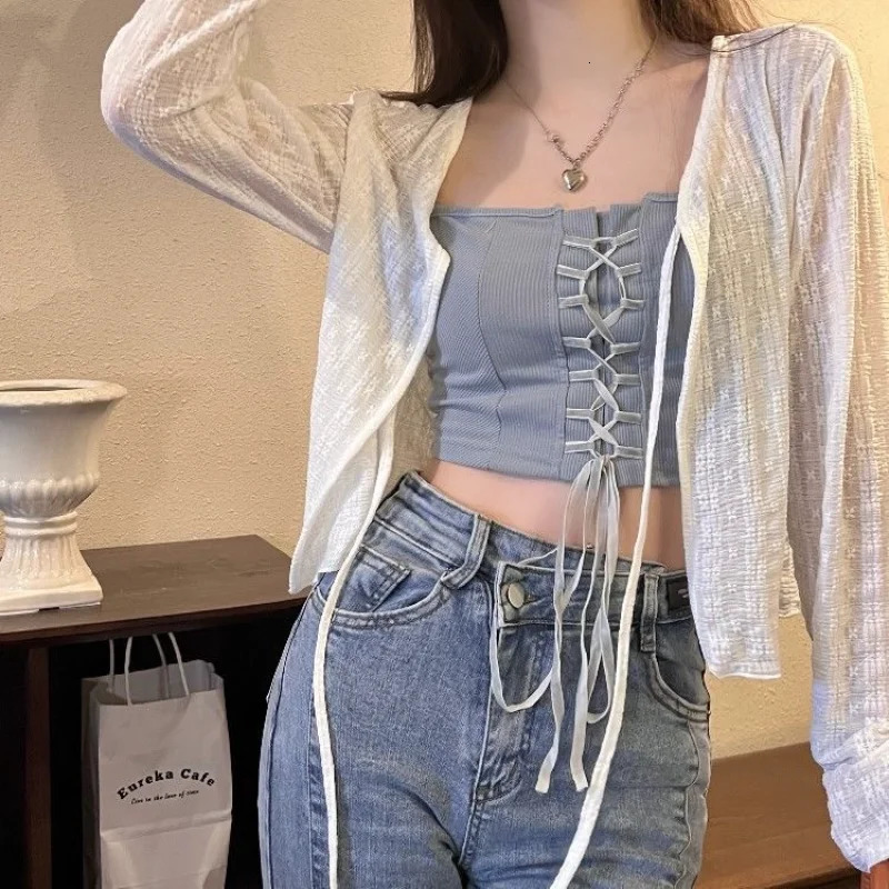 Womens Knitted Summer Top Thin Short Sleeve Bow n Korean Cardigan Fashion Casual Solid Color Sun Protection Y2k Blouse 260306