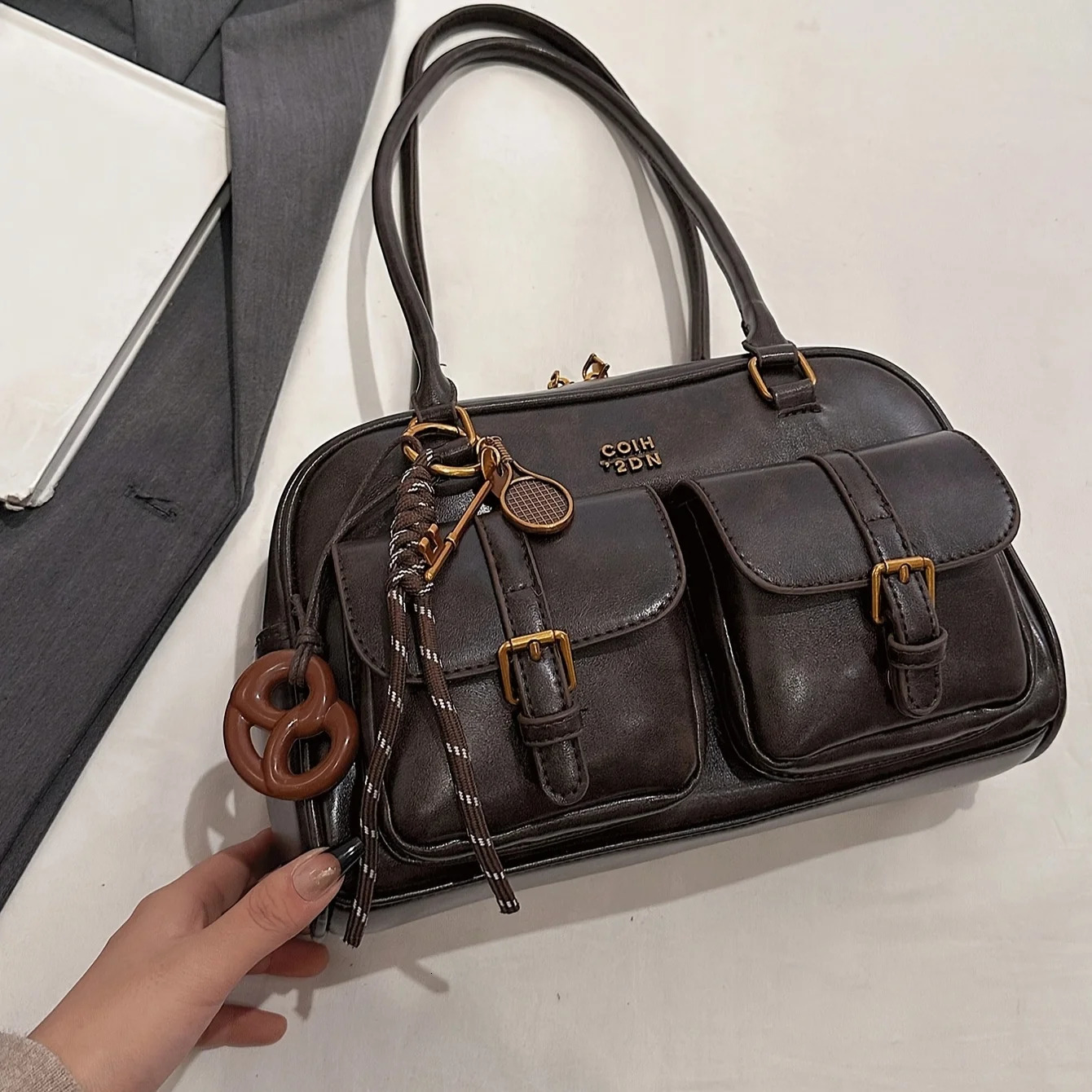 Womens Coffee Brown Multi-Pocket Handbag Shoulder Bag Stylish Versatile Letter Crossbody Purse for Travel Work Shopping Dates 260306
