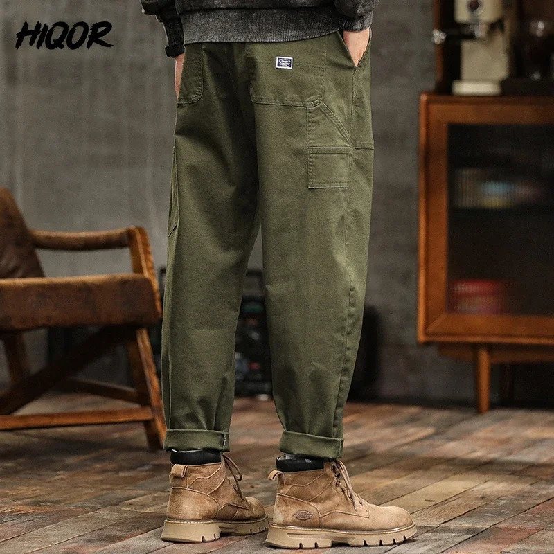 HIQOR Mens Loose Profile Pants American Vintage Trousers For Men High Waist Army Green Mens Casual Pants Cargo Trousers Male 260304