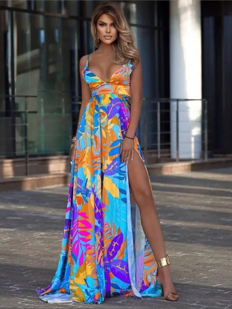 Color Print Spaghetti Strap Long Dresses Women Sexy Deep Vneck Backless Slit Dress Fashion Bohemian Beach Vacation Maxi Vestido 260306