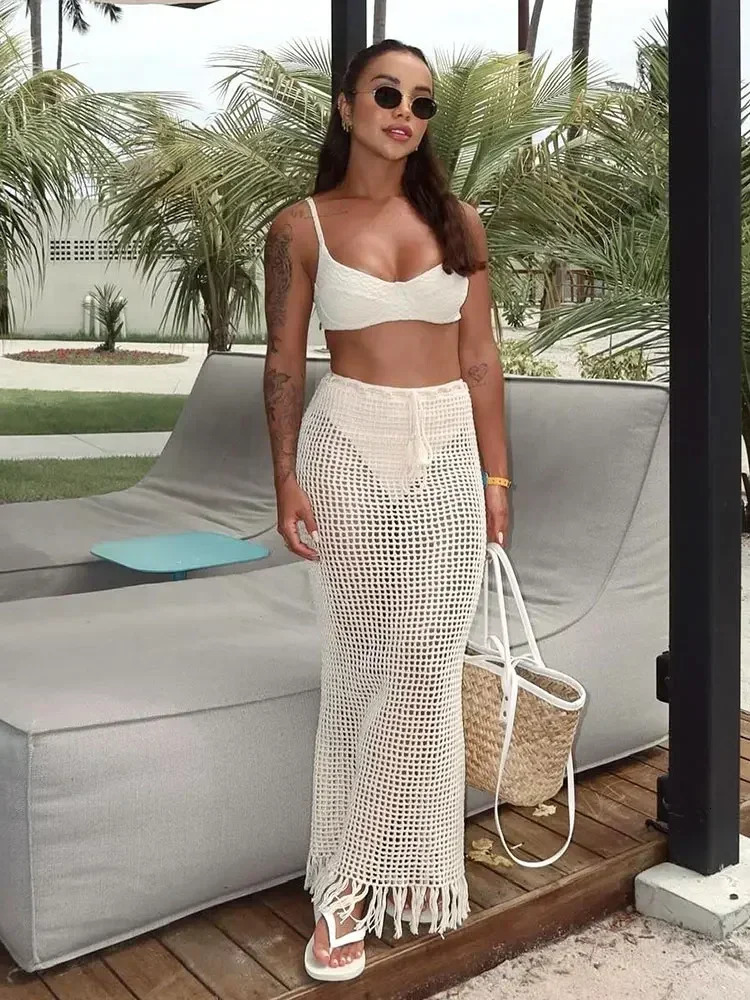 Sexy Summer Knit Cut Out Beach Half Skirt Women Chic Drawstring Fringed Casual Wrap Skirts 2026 Pool Party Swimwear Cover Up K50 260306
