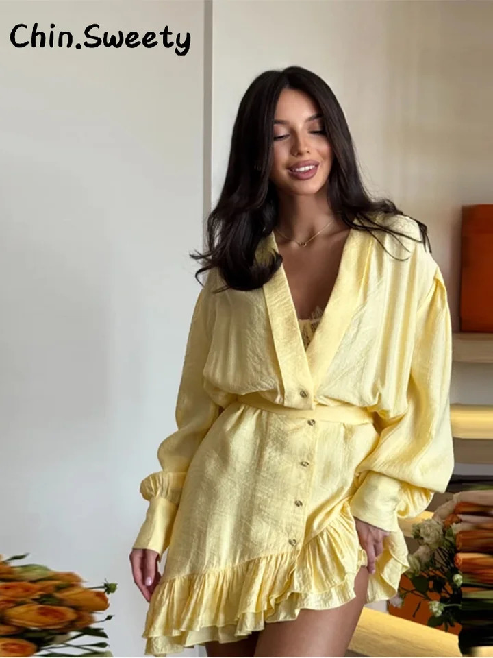 Elegant Asymmetric Cascading Ruffles Mini Dress Women Loose Solid V-neck Full Sleeve Button Summer Dresses Lady Robes 260306