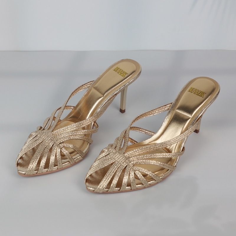 Gold Hollow Thin Strip Heels for Women Pointed Toe Heeled Pumps Office Lady Mules Summer Stiletto Shoe Sandals 260306