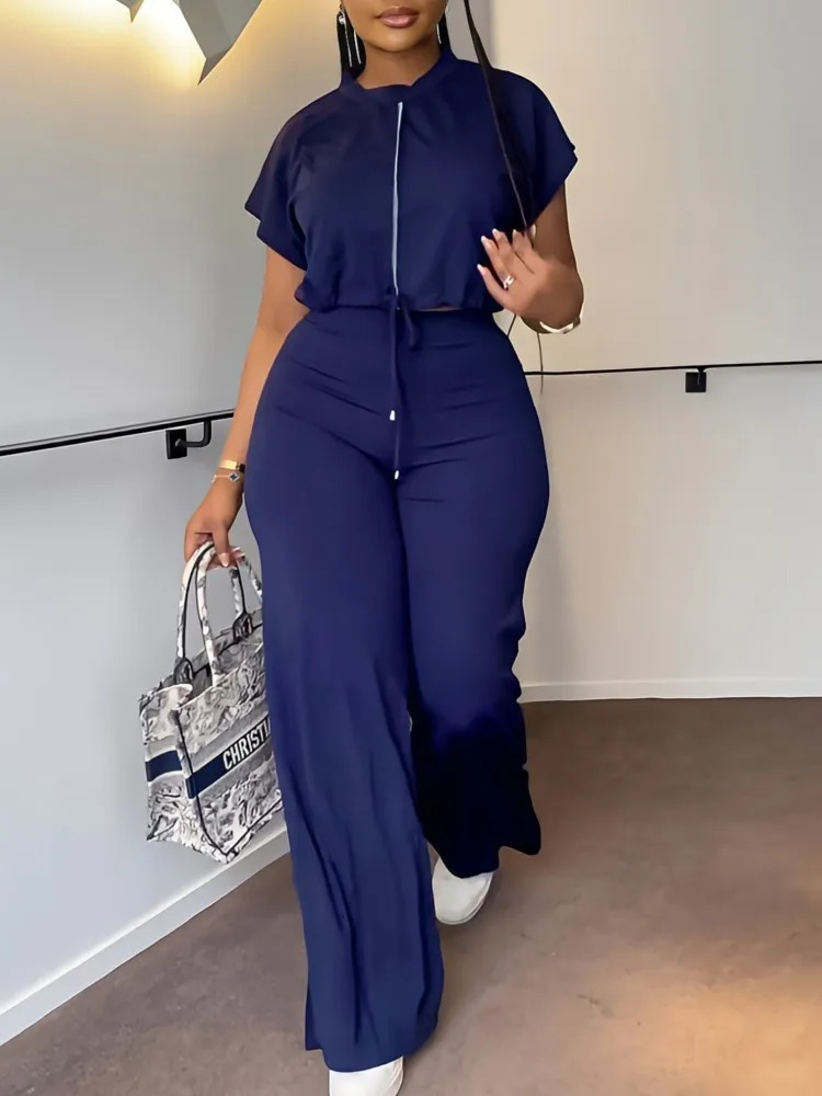 Women Casual Round Neck Drawstring Short Sleeve Top High Waist Pants Set Summer Solid Two Piece Suit Sets Outfits Female 260306