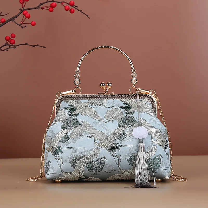 Chinese Style Crane Print Tassel Dinner Evening Bag For Women Fashion Metal Handle Handbag Chain Shoulder Party Small Clutch 260307