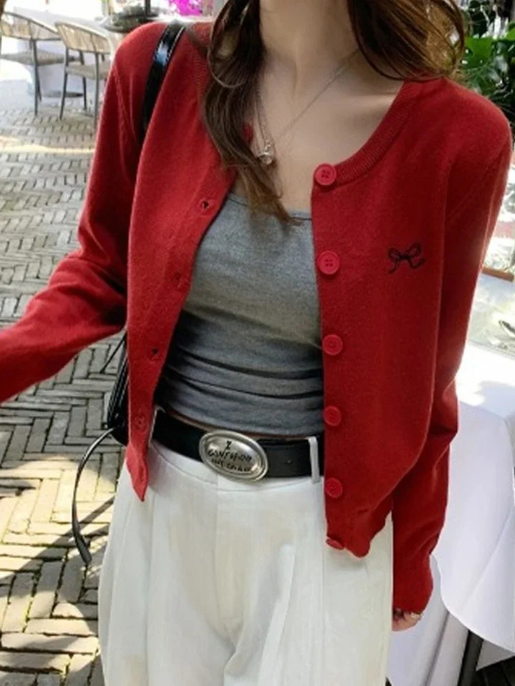 Fashion ONeck Singlebreasted Tops Korean Style Bow Embroidered Knitted Cardigan Women Autumn Winter Solid Full Sleeve Sweater 260306