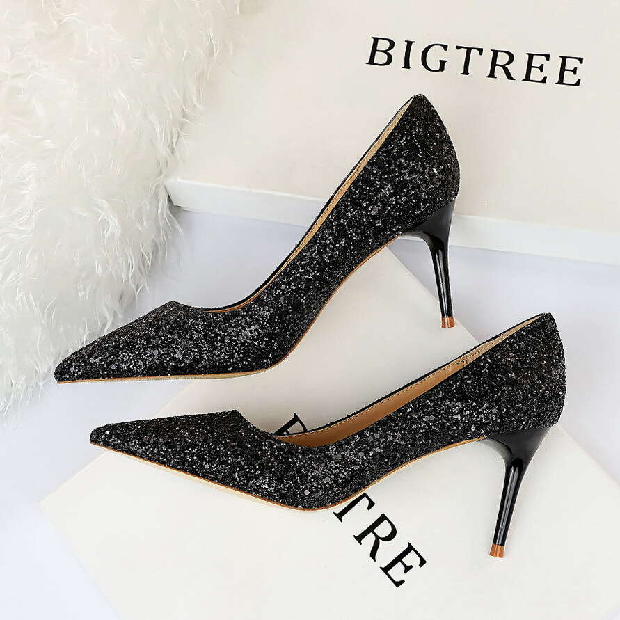 A European And American Style Sexy Nightclub Slimming Women S Stiletto High Heels Fashion Shiny Sequin Single Shoes