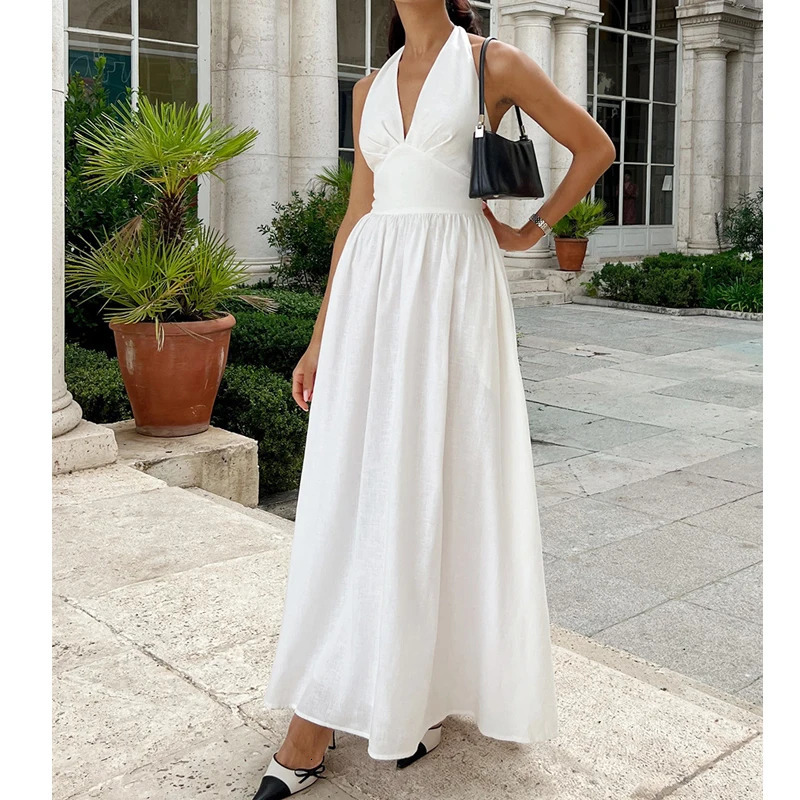 Women Summer Cotton Long Dress Sleeveless Sexy V-Neck Boho Maxi Dress Loose Style Long Dress Vestidos Clothes 260306