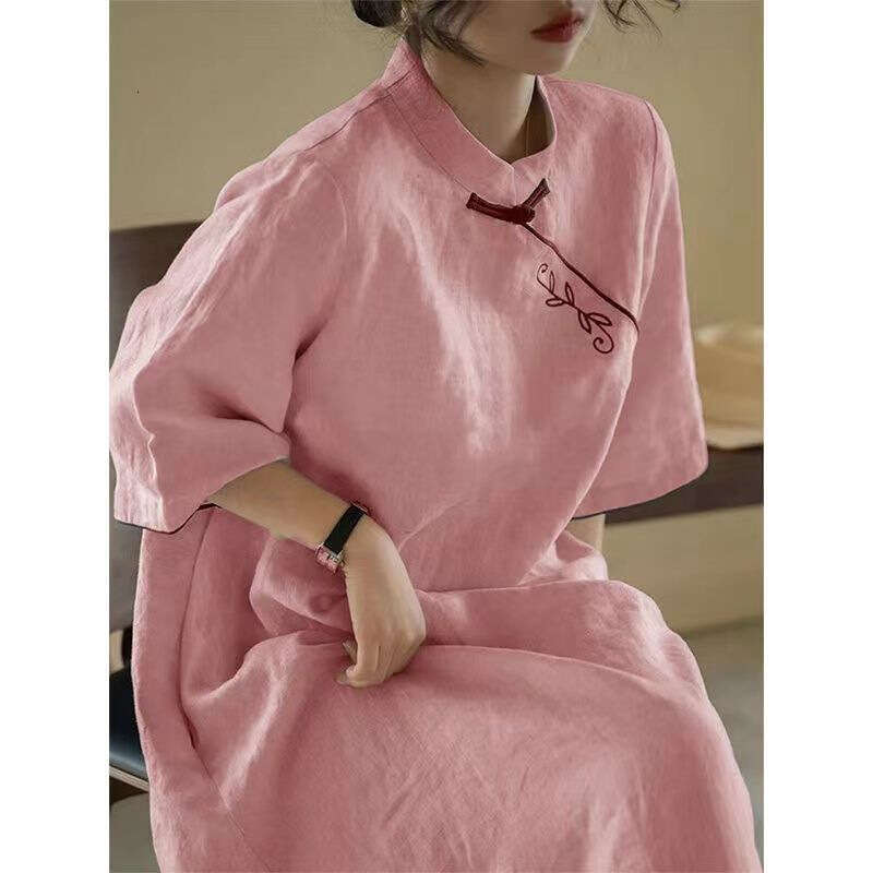 Mardi Hefxessdr Summer Retro Embroidery New Chinese Style Improved Qipao Small Stand Collar Loose Classical Elegant Mid-Length Dress