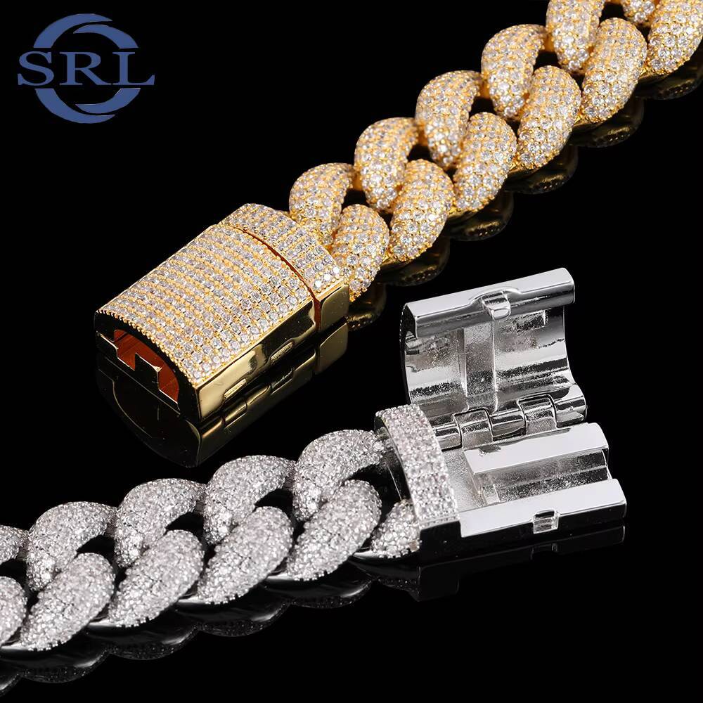 CHA019 18mm VVS Moissanite Tennis Cuban Chain Iced Out Hip Hop Jewelry Necklace for Men Gold Plated Brass Link Design