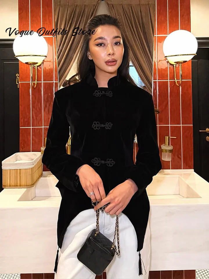 Vintage Velvet Waist Cinching Frog Button Jacket Women Slim Stand Collar Buckle Coat 2026 Spring Lady Chic Street Outerwear 260306