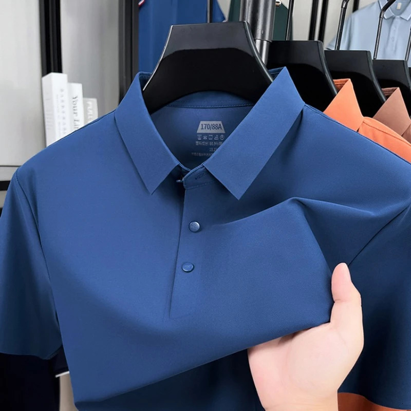 Mens Seamless Polo Shirt - Breathable Nylon-Spandex Blend Reinforced Collar Matching Buttons 12 Colors M-4XL 260304