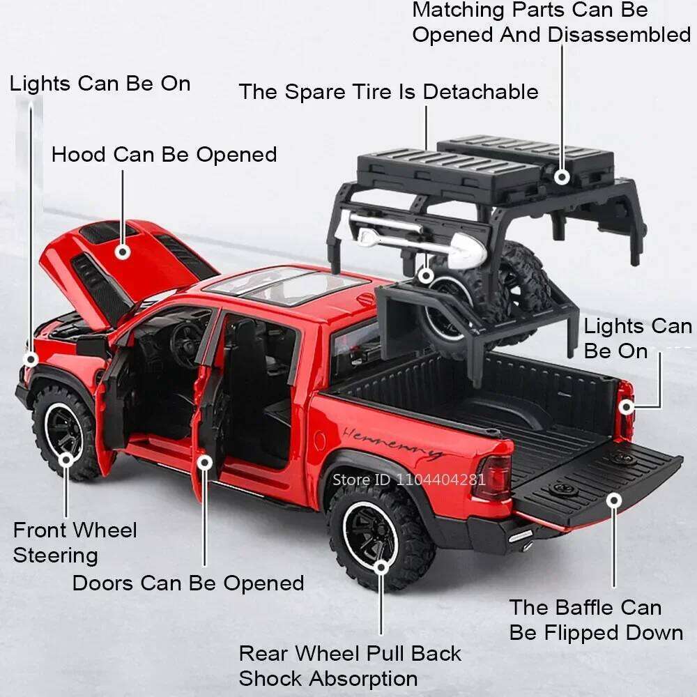 1:32 Mammoth RAM Alloy Miniature Model Diecast Pickup Toys with Sound Light Pull Back Doors Opened Metal Vehice for Boy Toy Gift Z260306