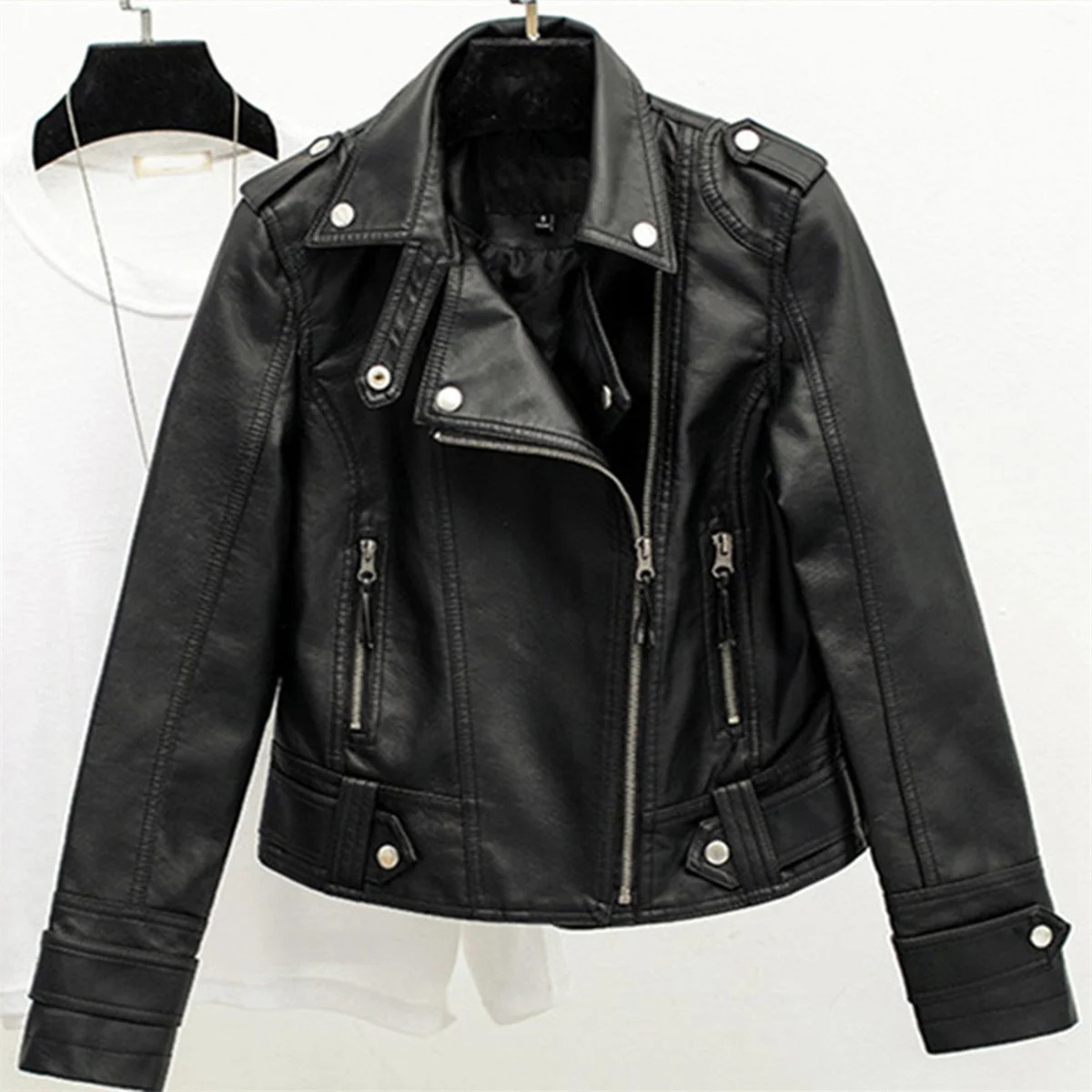 Fashion Leather Jacket Women Turn Down Collar Short Coat Zipper Long Sleeve In Jackets Chic Streetwear Motorcycle Tops 260306