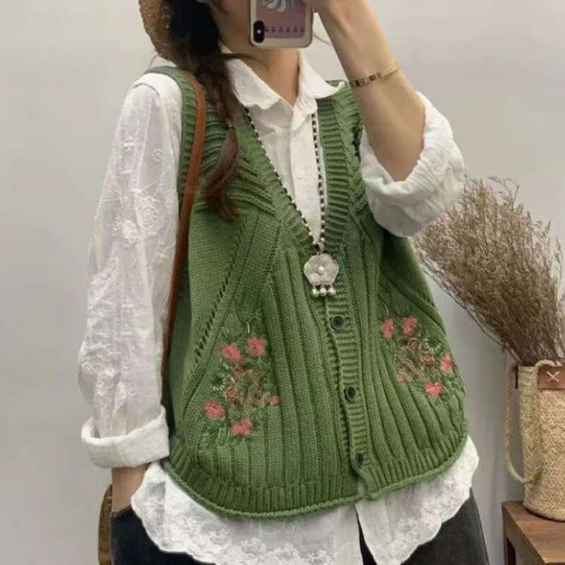 Mardi Hefxessdr Vintage Embroidery Knitted Vests Sleeveless Cardigan Buttons Pockets Spring Autumn Tops Coats Waistcoat Design Trend Vests New