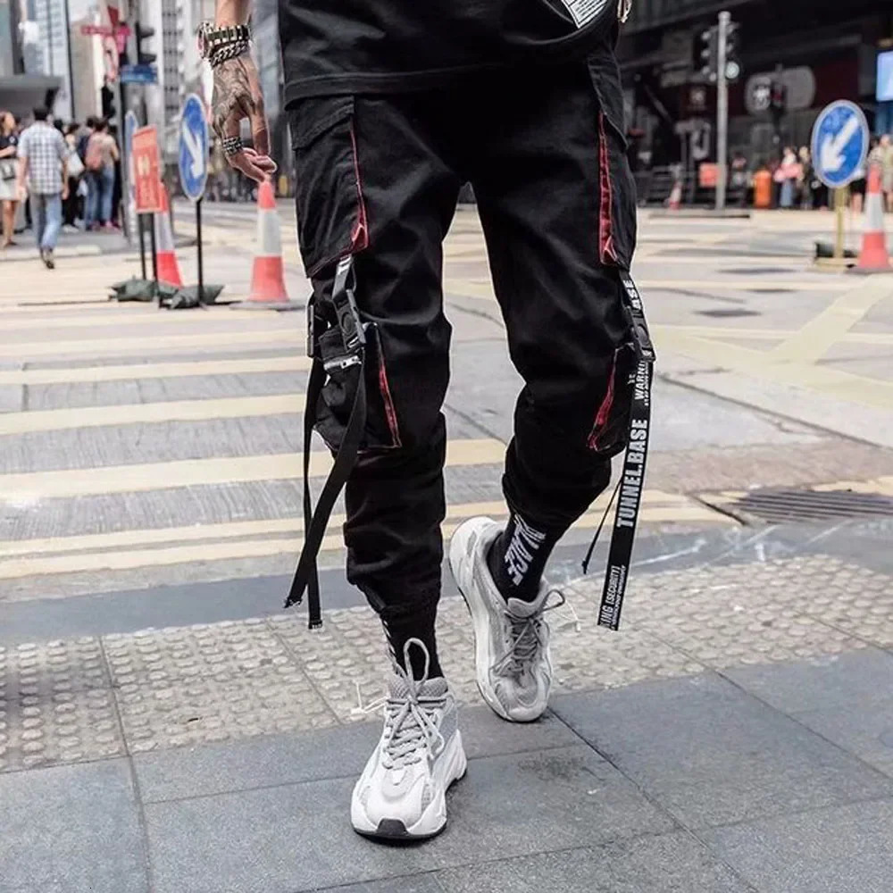 Joggers Cargo Pants for Men Casual Hip Hop Hit Color Pocket Male Trousers Sweatpants Streetwear Ribbons Techwear Pants 260305