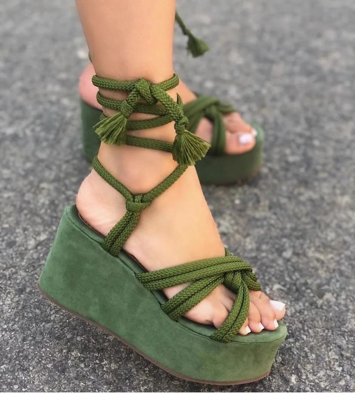 Platform Wedge Strappy Sandals Women Fashion Round Toe Cross Tied Height Increase Open Toe Women Sandals 260306