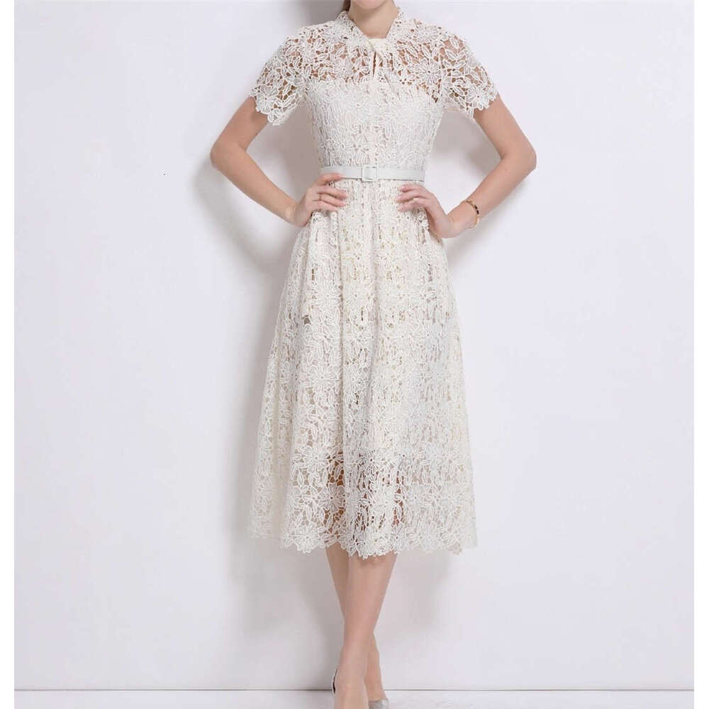 2026 Spring/Summer Designer Fashion Brand Elegant Women's Hollow Lace Tie Collar Long a3 Dress Dress