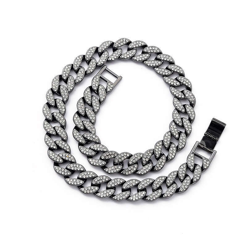 Manufacturer's foreign trade cross-border high-quality 15mm flat chain hip-hop Cuban necklace and rhinestone bracelet wholesale