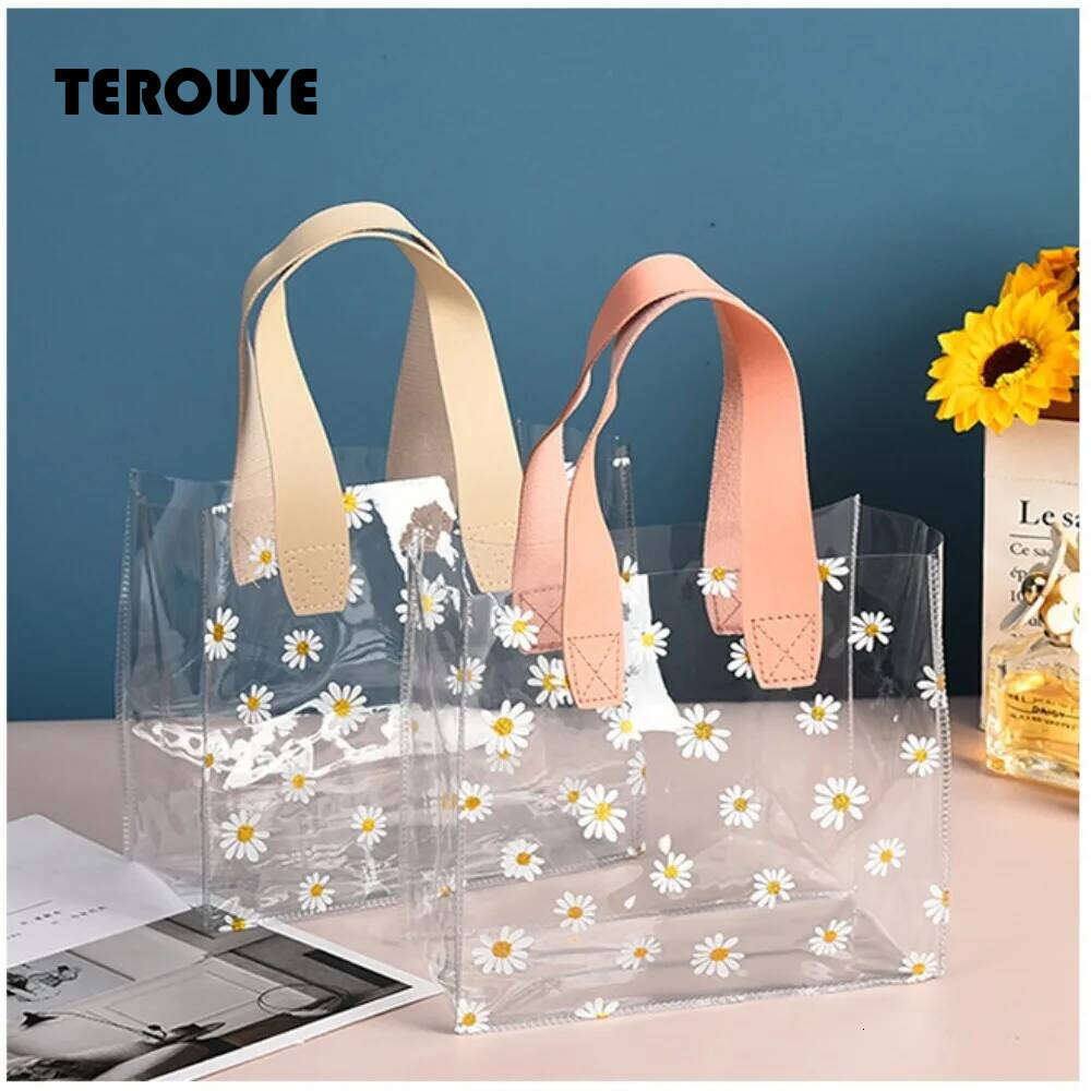High Quality PVC Clear Tote Little Daisy Waterproof Storage Handle Gift Bag Transparent Shopping Bags TEROUYE