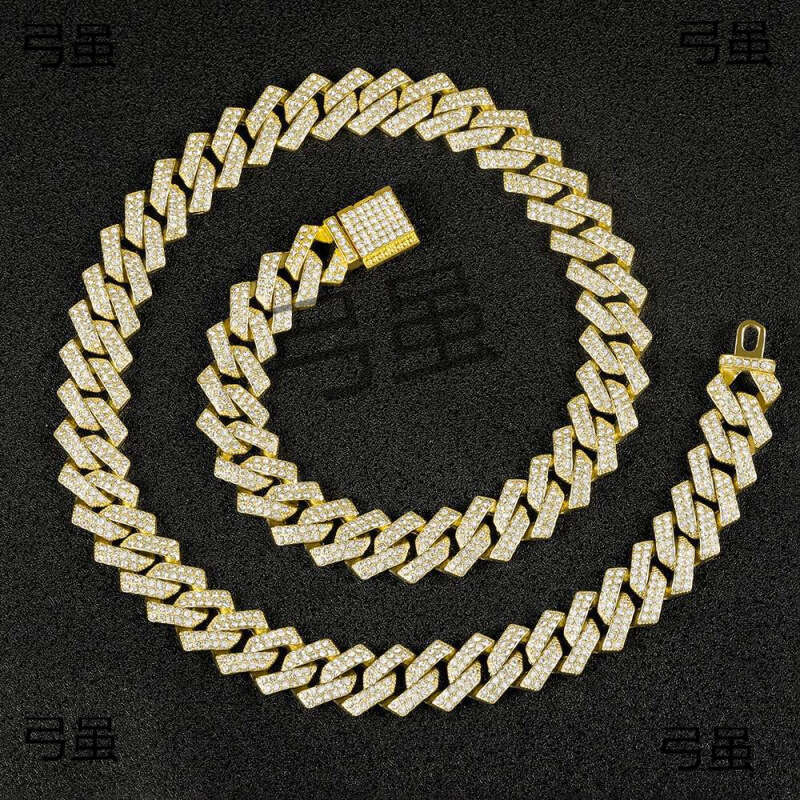 Source Manufacturer High-Quality 15MM Diamond Full Flip Hip-Hop Necklace Bracelet Cuban Chain