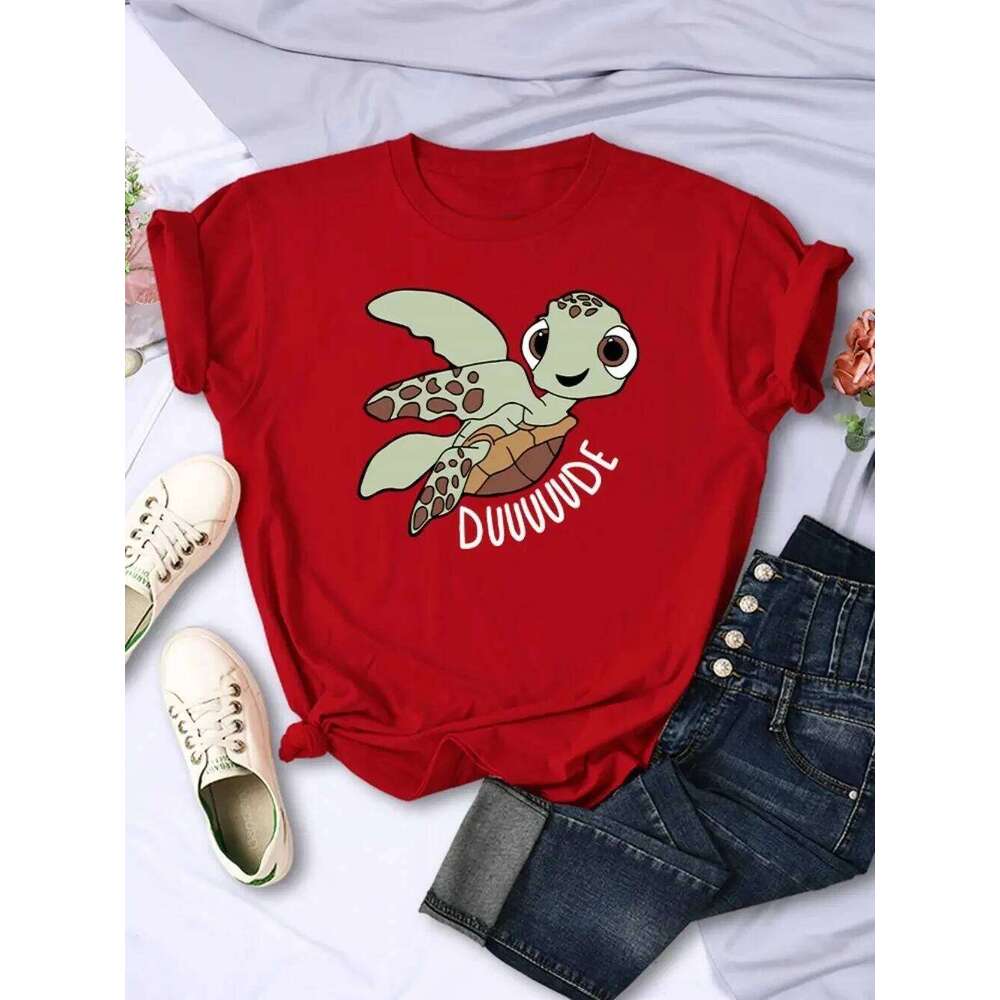 Simple Women T-Shirts Cute Cartoon Turtle Letter Prints Tops O-Neck Comfortable Soft Tee Summer Casual Female Aesthetics Clothes XJ260306