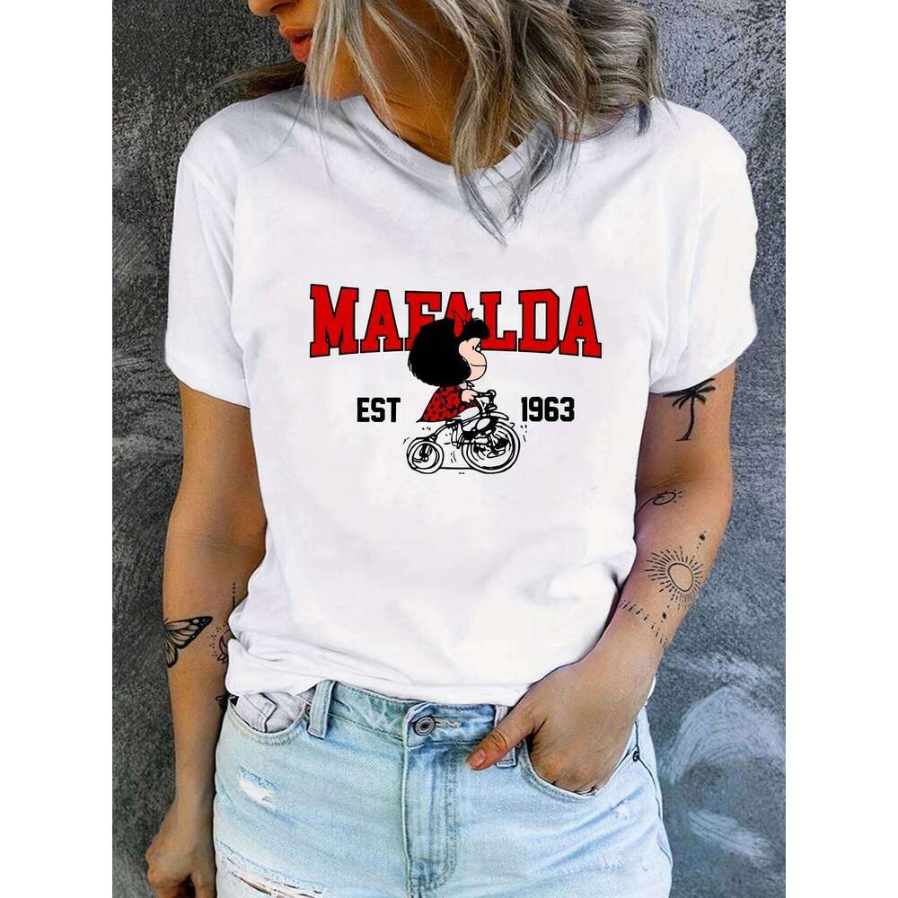 MAEALDA Women's Fashion Black T-Shirt - "Mafalda EST. 1956" Graphic Casual Slim Fit Short Sleeve Crew Neck Top Ideal for XJ260306 XJ260