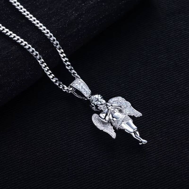 Hip Hop Angel Design Moissanite Pendant Necklace 925 Sterling Silver Edgy Streetwear Accessory