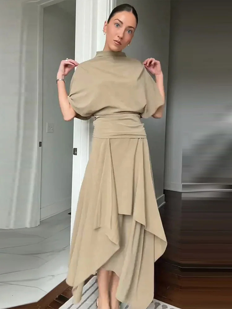 Solid Loose Casual Top Midi Skirt Set High Neck Batwing Sleeve Tops Asymmetrical Bottoms 2026 Spring Cozy Elegant Women Suit 260306