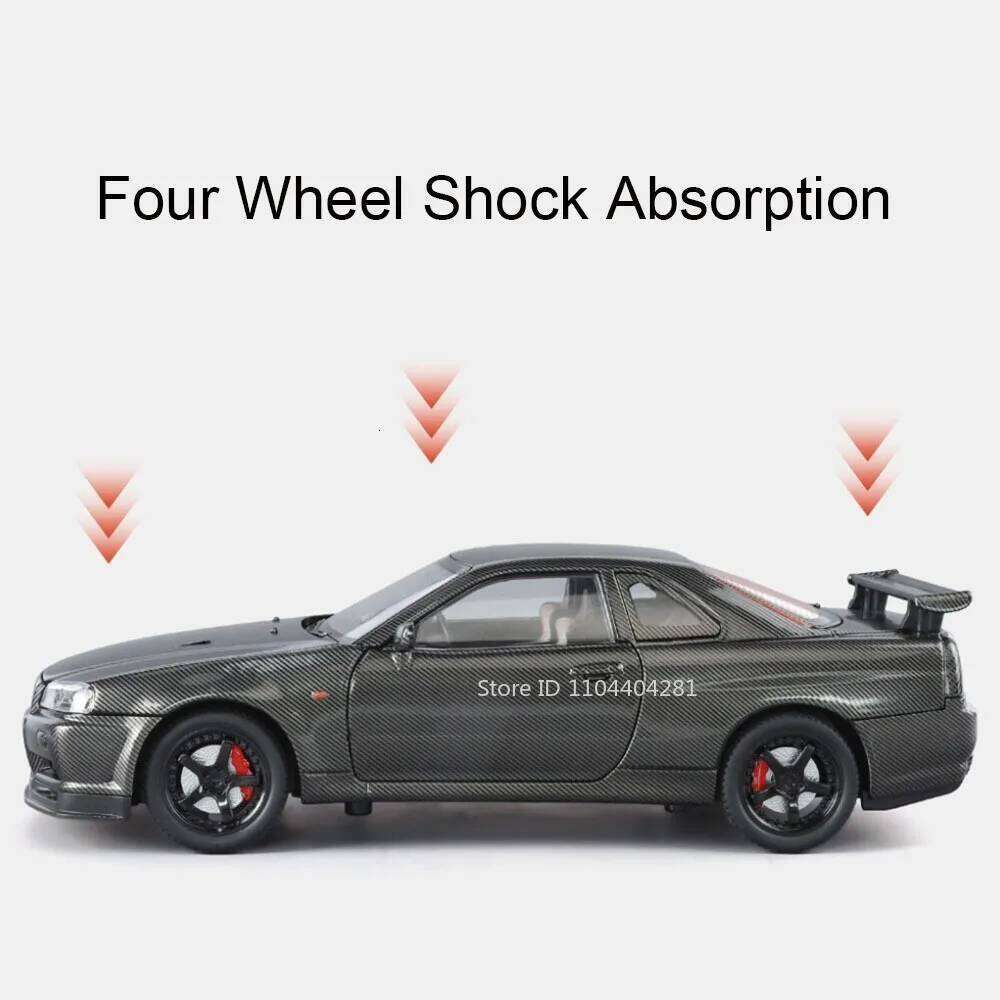 1:24 GTR R34 Miniature Model Diecast Alloy Car Toy 4 Doors Opened Sound Light Pull Back Front Wheel Steering Vehice for Boy Gift Z260307