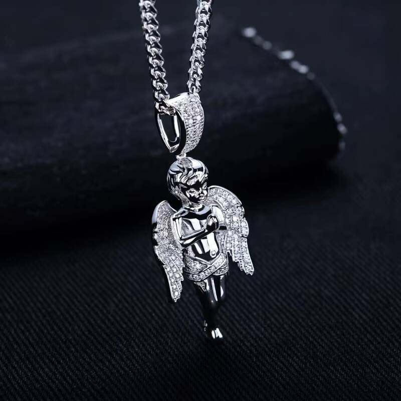 Hip Hop Angel Design Moissanite Pendant Necklace 925 Sterling Silver Edgy Streetwear Accessory