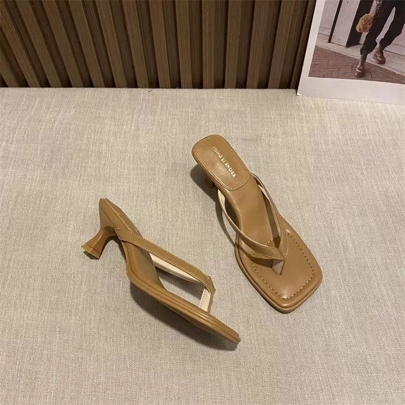 Womens Medium High Heel Slippers Summer People Slippers High Heels Fine Heel Clip Toe Shoes 260306