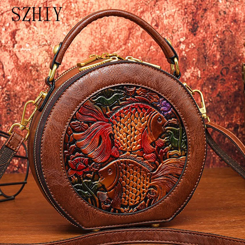 Vintage Handbag Women Shoulder Bag ious Round Highquality Gift Embossed Printed Crossbody Purse for 260307