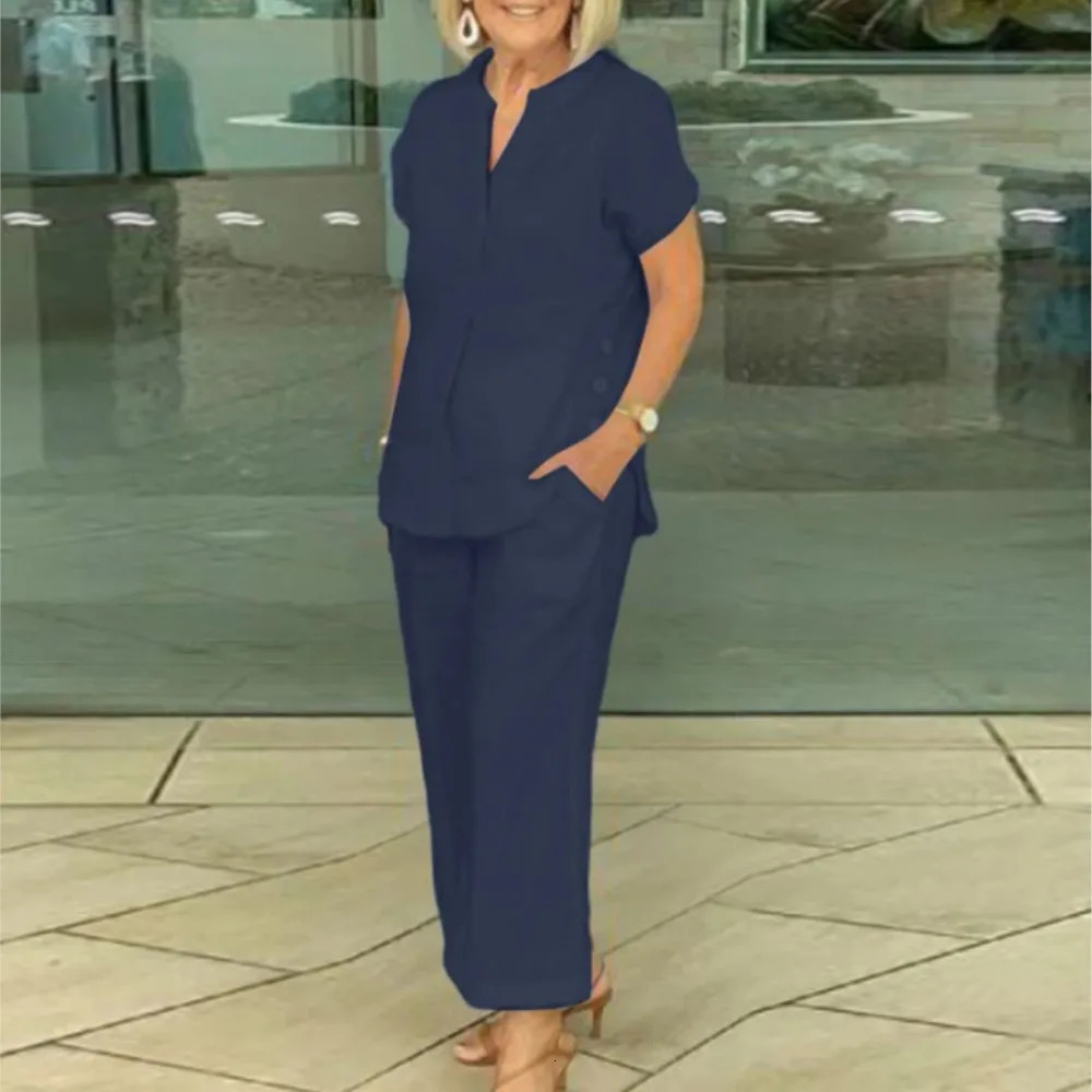 Fashion Cotton Linen Short Sleeved Women Shirt Pants Suit Spring Summer Simple Casual Pocket Pants Female Office 2 Piece Set 260303