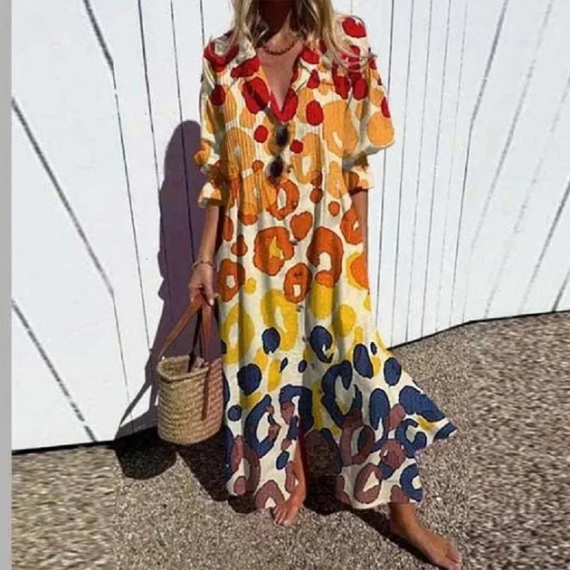 Womens Retro Geometry Circle Print Long Dress Spring Single Breasted Lapel Shirt Dress Summer Puff Short Sleeve A-Line Boho 260304
