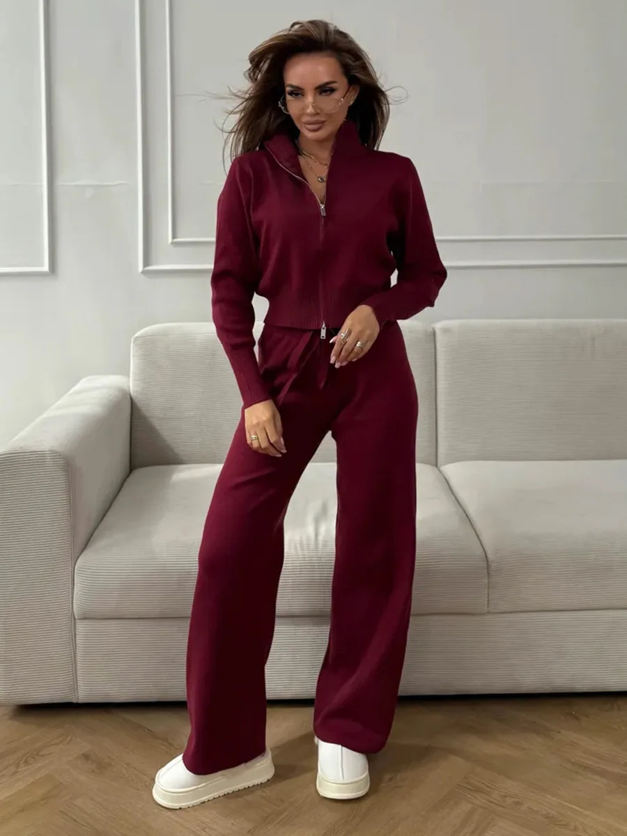 Wolfeel Autumn Winter Zip Up Knit Pants Set Womens Trendy Slim Fit Cardigan Chic Commuting Sweater Outfit 260306