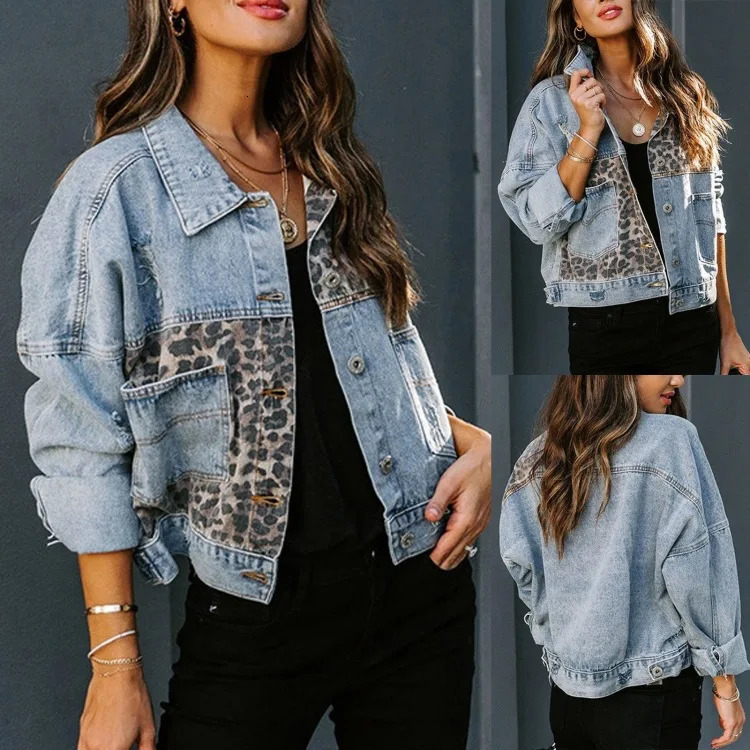 Spring Denim Jacket Women Long-sleeved Denim Jacket Female Leopard Stitching Female Tops 260303