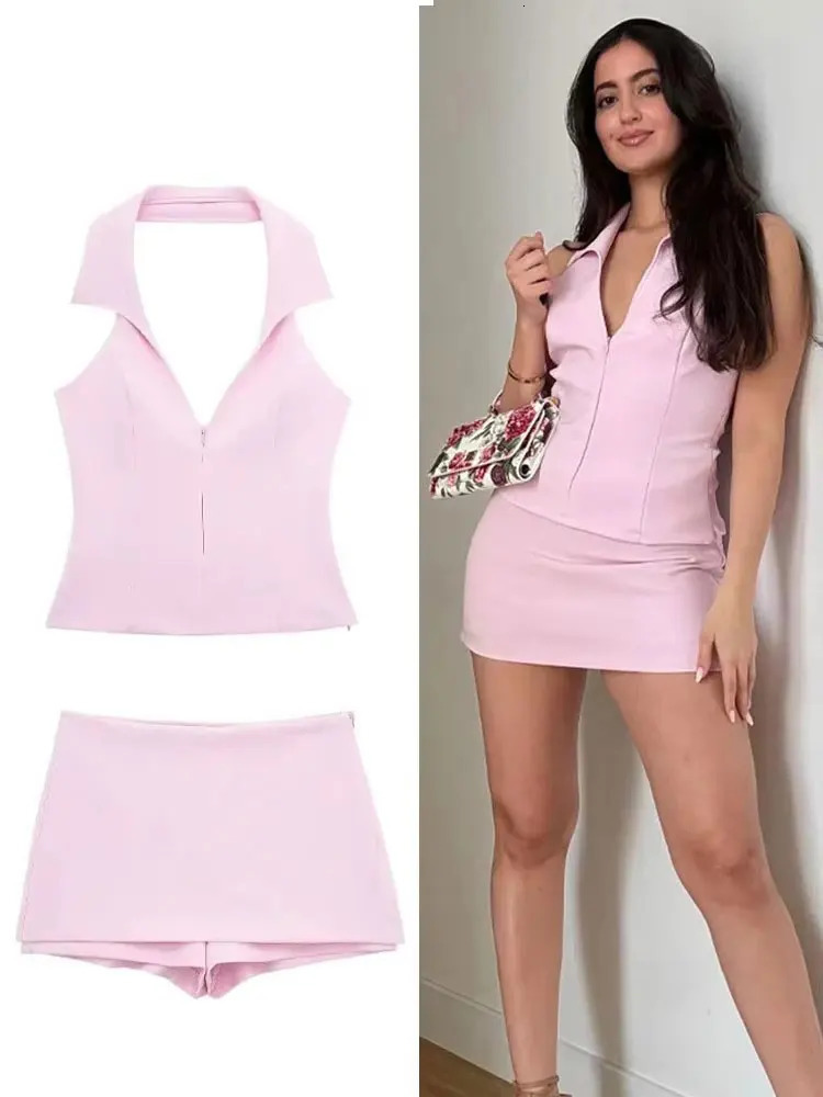 HH Women Casual Skirts Shorts Set Chic Halter Shirt Neck Backless Top Sweet Pink Summer Sexy Sets 260306