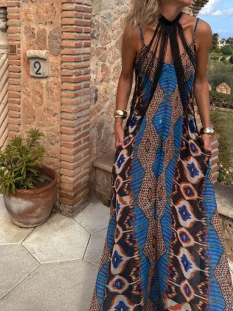 Fashion Casual Summer Elegant Dresses For Female Vneck Printed Temperament Sleeveless Loose Swing Long Spaghetti Strap 260306