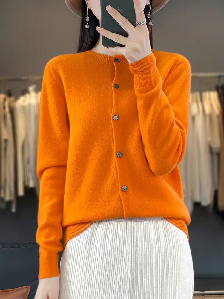 100 Merino Wool Sweater Women O-Neck Cardigan Basic Style Buttoned Knitwear Female Casual Autumn Winter Soft Tops 260305