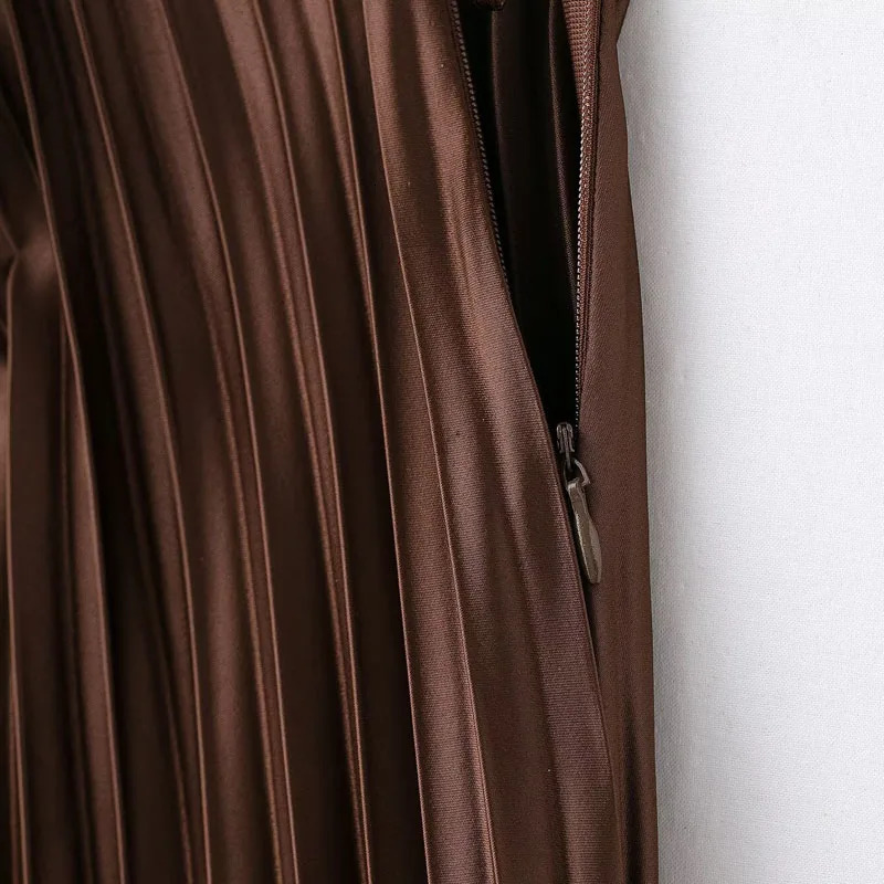 HXAO Womens Pleated Skirt Summer Brown Ruffle Skirt Cylinder Pleats Mid Waist Midi Skirt Fashion Elegant Women Long Skirt 2025 260228