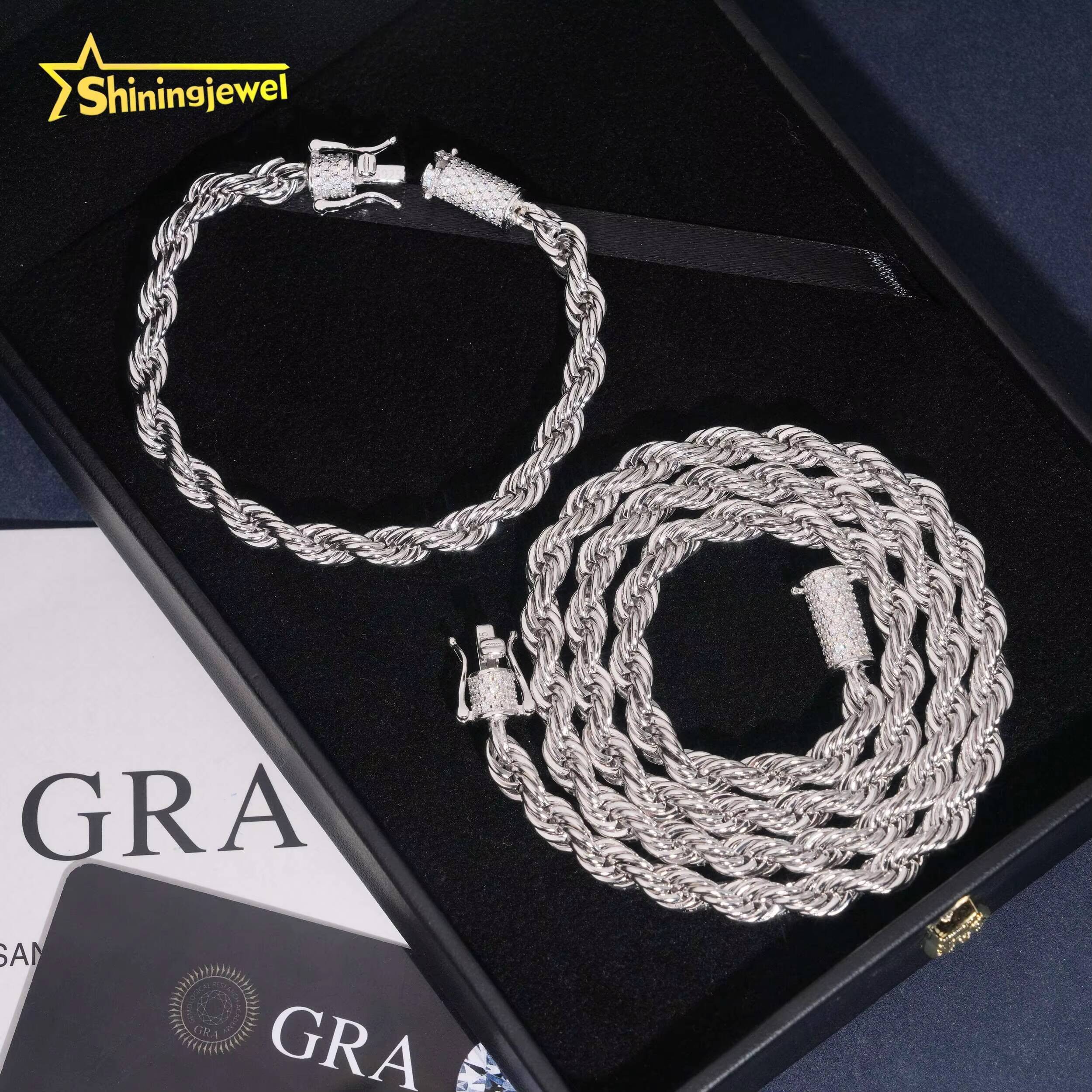 High Quality 6MM Solid 925 Silver VVS Moissanite Clasp Iced Out Hip Hop Jewelry Diamond Stainless Steel Rope Chain Men Necklace