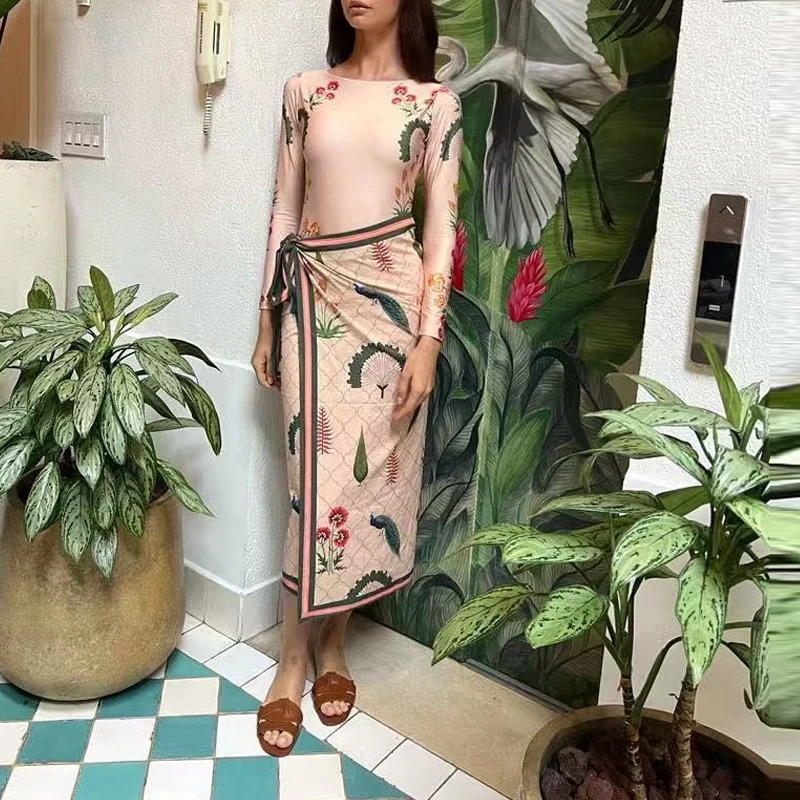 Fashion Slim Long Sleeve Bodysuit Half Skirts Outfits Summer Beach Vacation 2 Piece Casual Pattern Printed Swimsuits Suits 260306